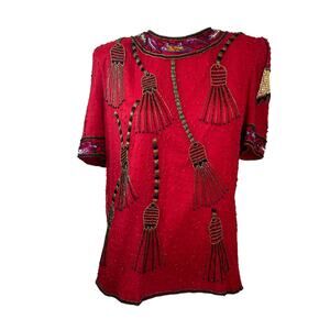 Vintage Lawrence Kazar Red Silk Holiday Beaded Top sz M